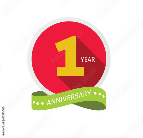 Anniversary 1st logo template with shadow on circle number one. 1 year icon. One year birthday party symbol. First company holiday, sticker, badge, ribbon, banner, poster, logotype, emblem, tag