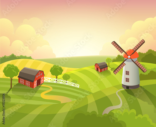 Isometric countryside farm landscape sunset farming vector flat