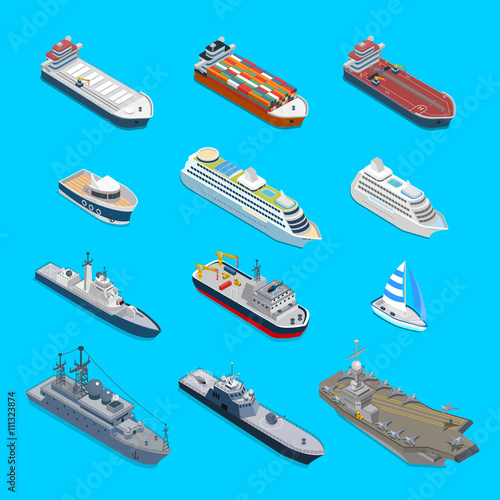 Isometric 12 ship vector travel military cargo yacht cruise