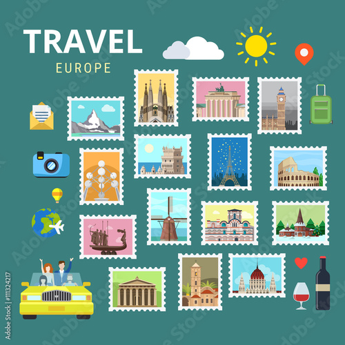 Travel Europe England Italy France Austria Ukraine flat vector
