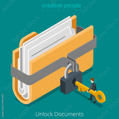 Unlock folder secure data file document lock key flat vector 3d