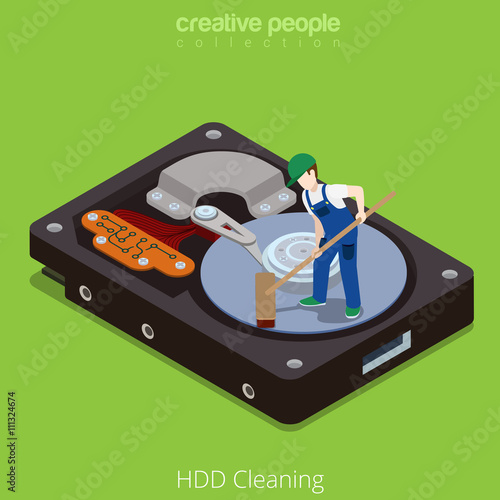HDD Cleaning Wipe hardware technology flat isometric vector 3d
