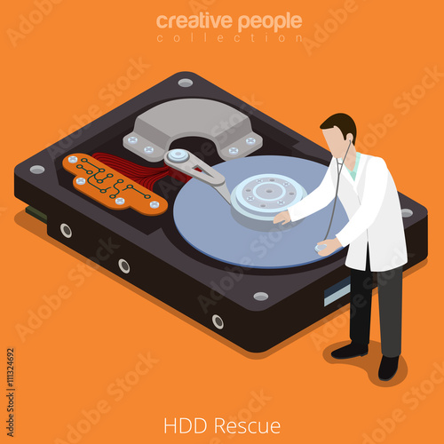 HDD Rescue process technology hard disk flat isometric vector 3d