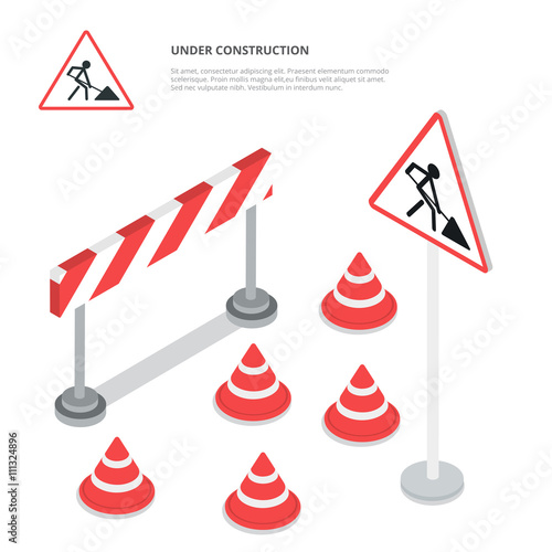 Under construction. Road sign, triangle cap, barrier. Flat 3d isometry isometric style web site app icon set concept vector illustration.