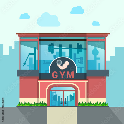 Gym building exterior outdoor front view facade showcase window concept. Flat style web site vector illustration. No people. Sports exercise conceptual.