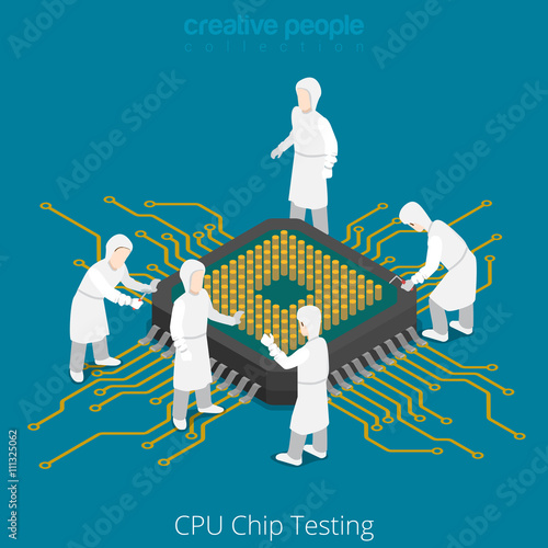CPU chip socket testing repair service. Serviceman checkup soldering computer component. Flat 3d isometry isometric style web site app icon set concept vector illustration. Creative people collection.