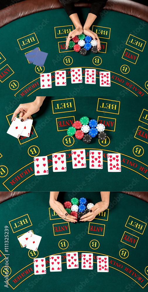 Fototapeta premium Woman relies, reveals the card wins and takes the chips.