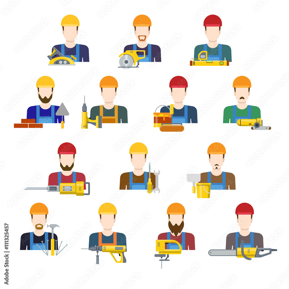 Building industry builders profession worker staff userpic avatar creative people icon set. Flat style carpenter painter decorator mason bricklayer stonemason builder laborer hunky tiler app icons.