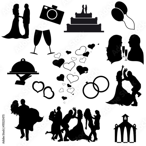Vector silhouettes of wedding icons.