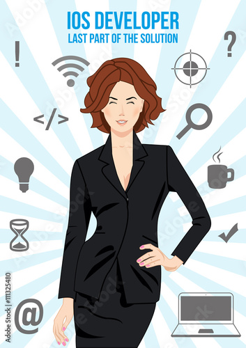 IOS developer design concept. Nice looking confident man surrounded with icons with different components of programming. Symbolizes idea that man is last part of the solution that will connect other.