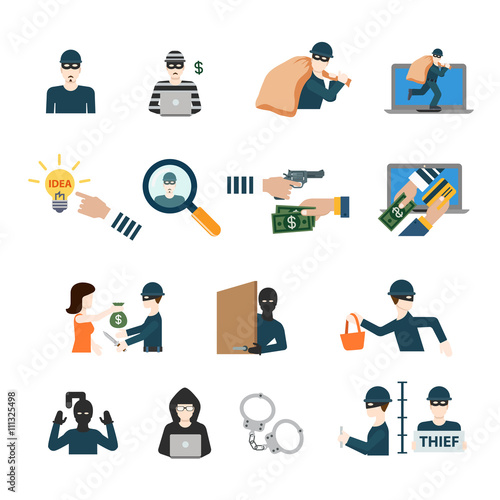 Crime criminal business robber thief cybercrime professional profession worker staff userpic avatar creative people icon set. Flat style hacker rogue swindler con cheat phony faker app icons.