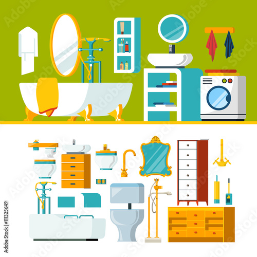 Bathroom interior object constructor template vector icon set