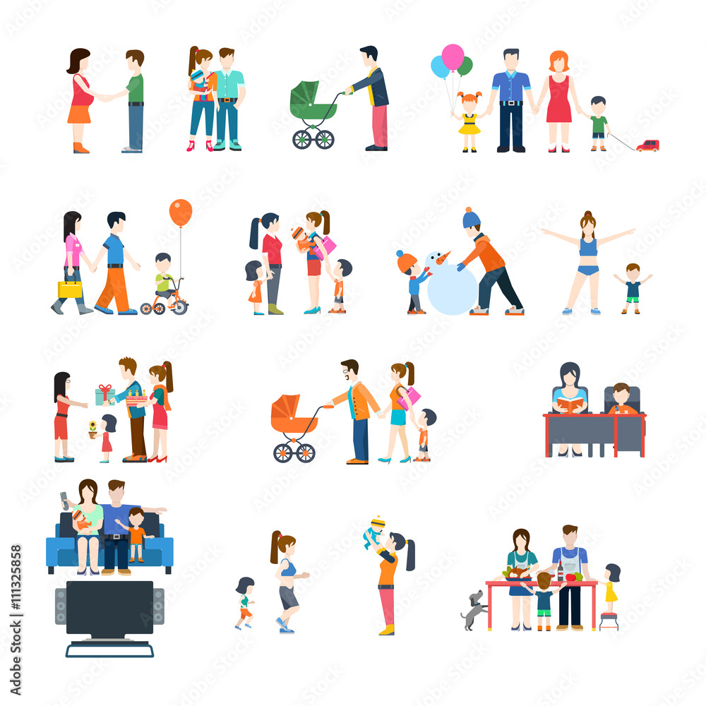 Family life style concept vector flat icon set.