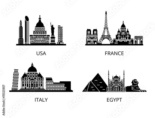 High detail landmarks silhouette stencil set. World countries