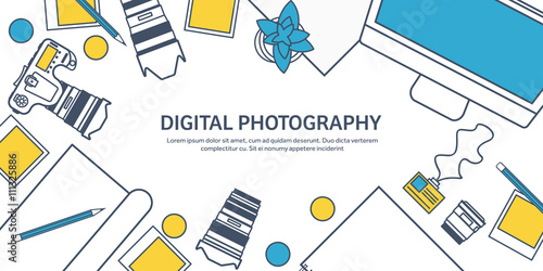 Lined fhotographer equipment on a table. Photography tools, photo editing, photoshooting outline flat background.  Digital photocamera with lens. Vector illustration.