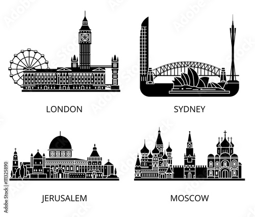 High detail landmarks silhouette stencil set. World countries cities sightseeing collection.