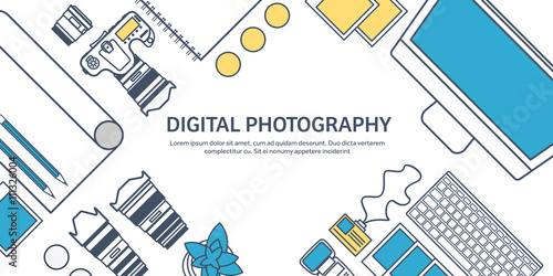 Lined fhotographer equipment on a table. Photography tools, photo editing, photoshooting outline flat background.  Digital photocamera with lens. Vector illustration.