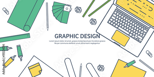 Lined, ouline flat graphic web design. Drawing and painting. Development. Illustration, sketching, freelance. User interface. UI. Computer, laptop.