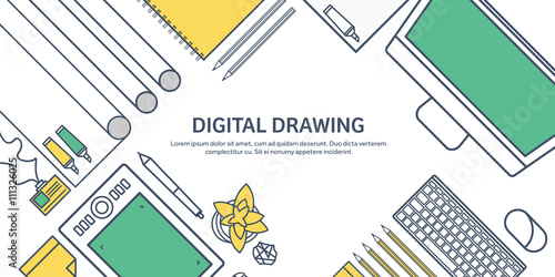 Lined, ouline flat graphic web design. Drawing and painting. Development. Illustration, sketching, freelance. User interface. UI. Computer, laptop.