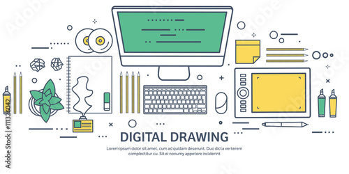 Lined, ouline flat graphic web design. Drawing and painting. Development. Illustration, sketching, freelance. User interface. UI. Computer, laptop.