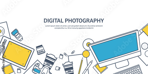 Lined fhotographer equipment on a table. Photography tools, photo editing, photoshooting outline flat background.  Digital photocamera with lens. Vector illustration.