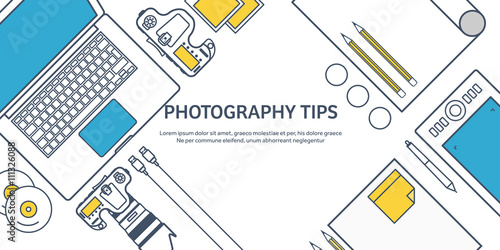 Lined fhotographer equipment on a table. Photography tools, photo editing, photoshooting outline flat background.  Digital photocamera with lens. Vector illustration.