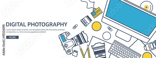 Lined fhotographer equipment on a table. Photography tools, photo editing, photoshooting outline flat background.  Digital photocamera with lens. Vector illustration.