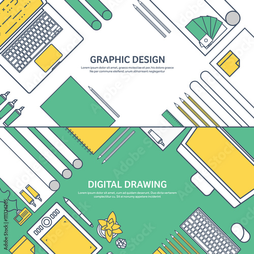Lined, ouline flat graphic web design. Drawing and painting. Development. Illustration, sketching, freelance. User interface. UI. Computer, laptop.