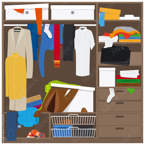 Open wardrobe with mess clothes. Household mess vector illustration