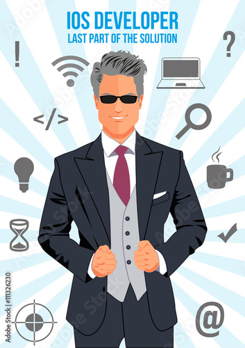 IOS developer design concept. Nice looking confident man surrounded with icons with different components of programming. Symbolizes idea that man is last part of the solution that will connect other.