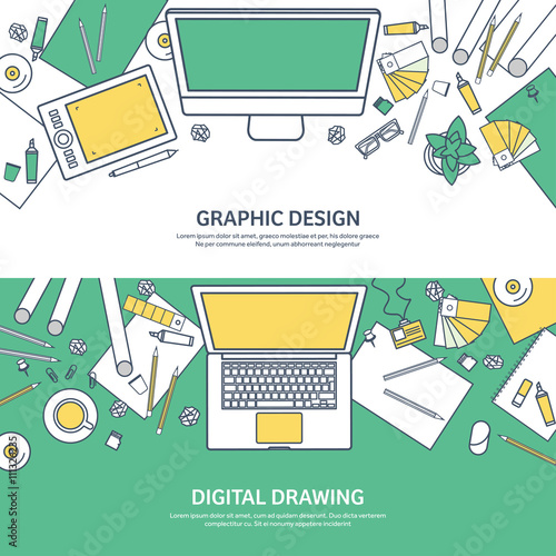 Lined, ouline flat graphic web design. Drawing and painting. Development. Illustration, sketching, freelance. User interface. UI. Computer, laptop.