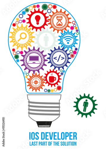 IOS developer design concept. Light bulb composed of interconnected gears with different components of programming. Only last gear is missed - that will connect all of them - last part of solution.