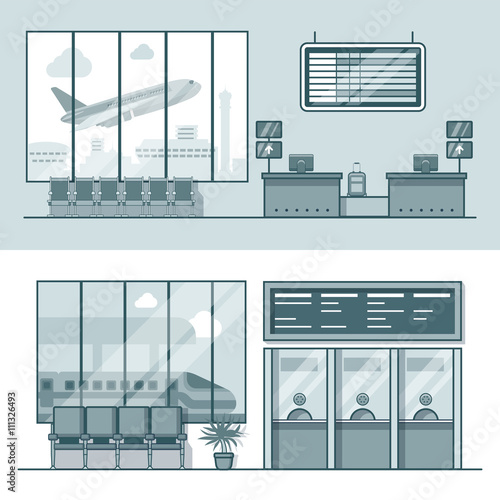 Airport registration reception desk railway train station ticket desk office interior indoor set. Linear stroke outline flat style vector icons. Monochrome icon collection.