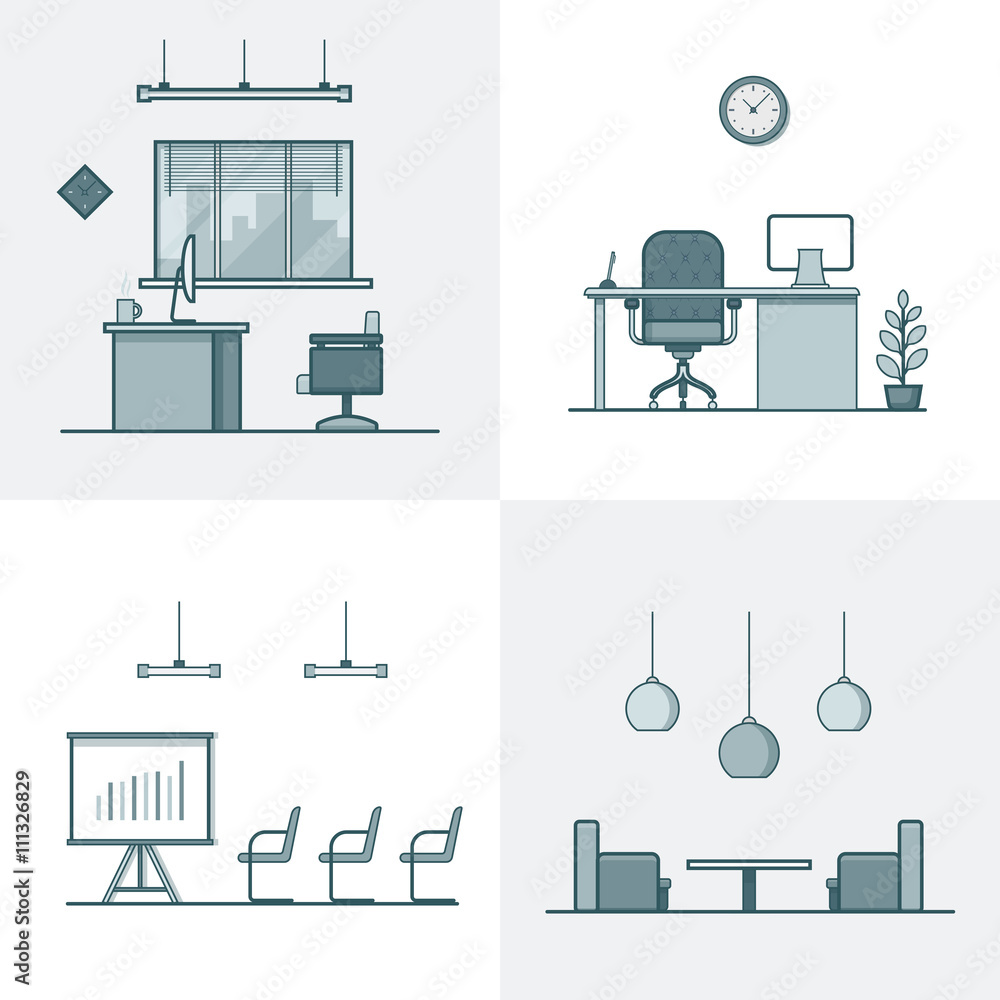 Fototapeta premium Office meeting conference room table chair armchair night dance club interior indoor set. Linear stroke outline flat style vector icons. Monochrome icon collection.
