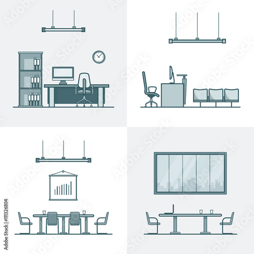 Office meeting conference room cabinet table chair interior indoor set. Linear stroke outline flat style vector icons. Monochrome icon collection.