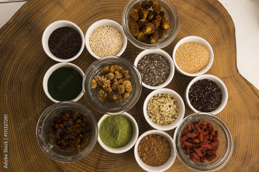 bowls of various superfoods