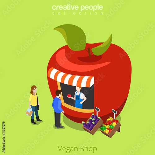 Vegan shop greengrocery apple shape building realty real estate concept. Flat 3d isometry isometric style web site app icon set concept vector illustration. Creative people collection.