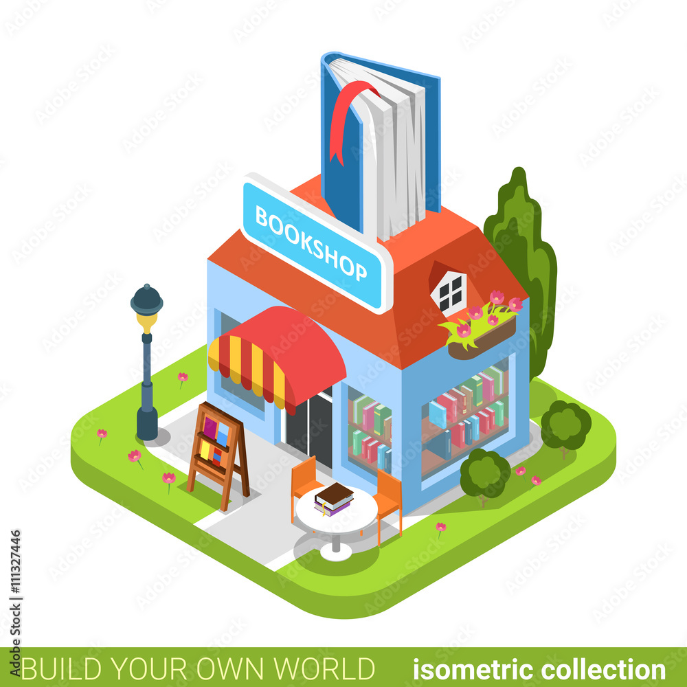 Bookstore book building shop realty real estate concept. Flat 3d isometry isometric style web site app icon set concept vector illustration. Build your own world architecture collection.