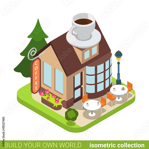 Coffee cafe restaurant building realty real estate concept. Flat 3d isometry isometric style web site app icon concept vector illustration. Build your own world architecture collection.