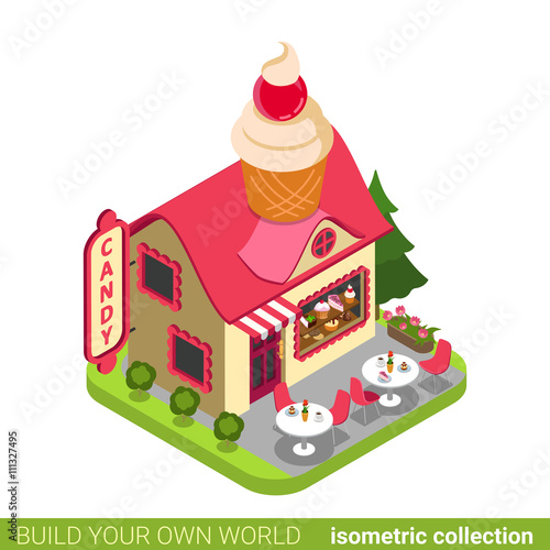 Confectionery candy shop cupcake shape building cafe restaurant realty real estate concept. Flat 3d isometry isometric style web site icon concept vector illustration. Build your own world collection.