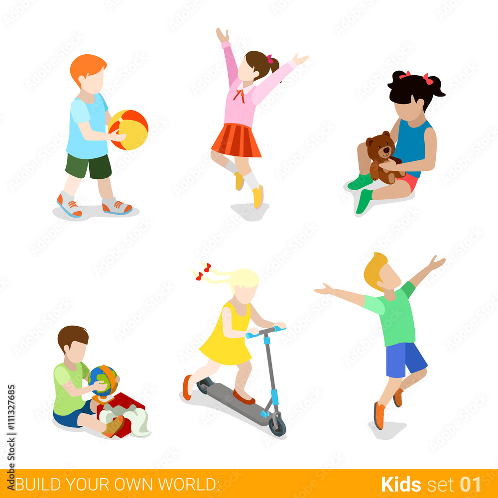 Happy children at play parenting flat web infographic concept vector icon set. Playing jumping kick board riding teddy bear gift present unpacking. Creative people collection.
