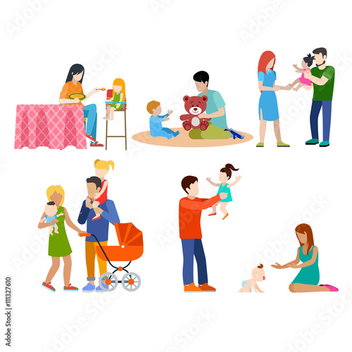 Family nursing babysitting young people parents parenting couple flat web infographic concept vector icon set. Playground babysitter mother father. Creative people collection.