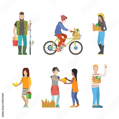 Outdoor farm countryside activity young people flat web infographic concept vector icon set. Fisherman greengrocery cycling farm market product seller customer buyer. Creative people collection.