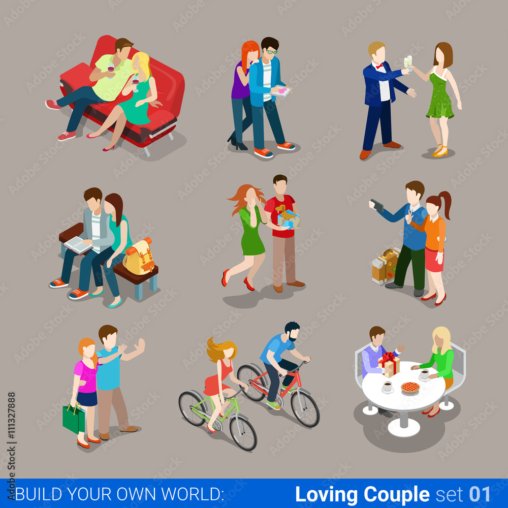 Loving couple flat 3d isometric web infographic concept vector icon set. Sofa restaurant cafe gift cycling sightseeing travel selfie. Creative people collection. Loving couple flat 3d isometric web infographic concept vector icon set. Sofa restaurant cafe gift cycling sightseeing travel selfie. Creative people collection.