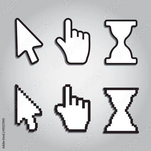 Pixel cursors icons mouse hand arrow and time