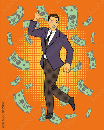 Man dancing with money flying around. Vector illustration in retro comic pop art style. Business and financial success concept