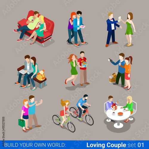 Loving couple flat 3d isometric web infographic concept vector icon set. Sofa restaurant cafe gift cycling sightseeing travel selfie. Creative people collection.