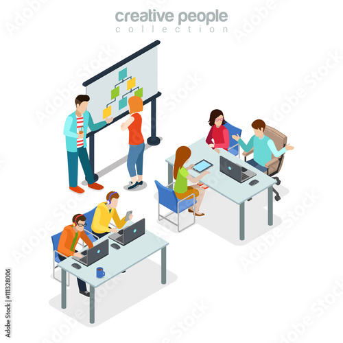 Coworking presentation meeting office interior indoor concept. Flat 3d isometry isometric style web site app icon set concept vector illustration. Creative people collection.