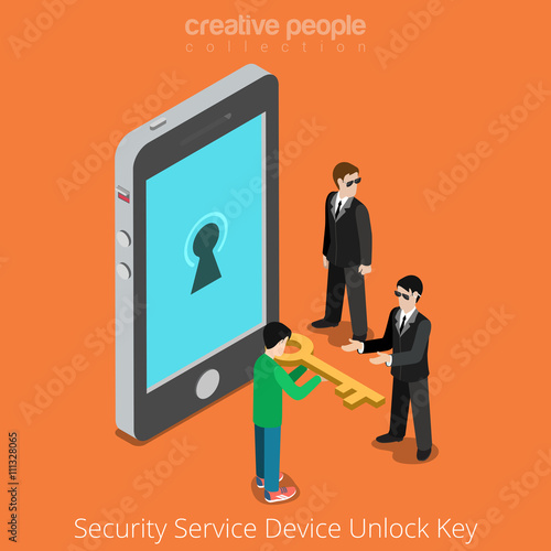 Security Service Device Unlock Key. Special agents taking universal clue to smartphone. Flat 3d isometry isometric style web site app icon set concept vector illustration. Creative people collection.