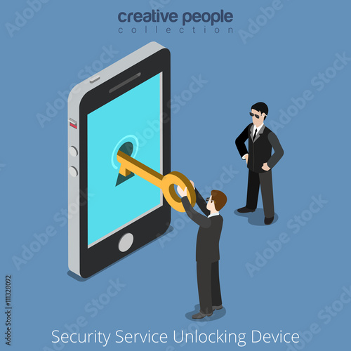 Security Service Unlocking Device. Special agents taking universal clue to smartphone. Flat 3d isometry isometric style web site app icon set concept vector illustration. Creative people collection.